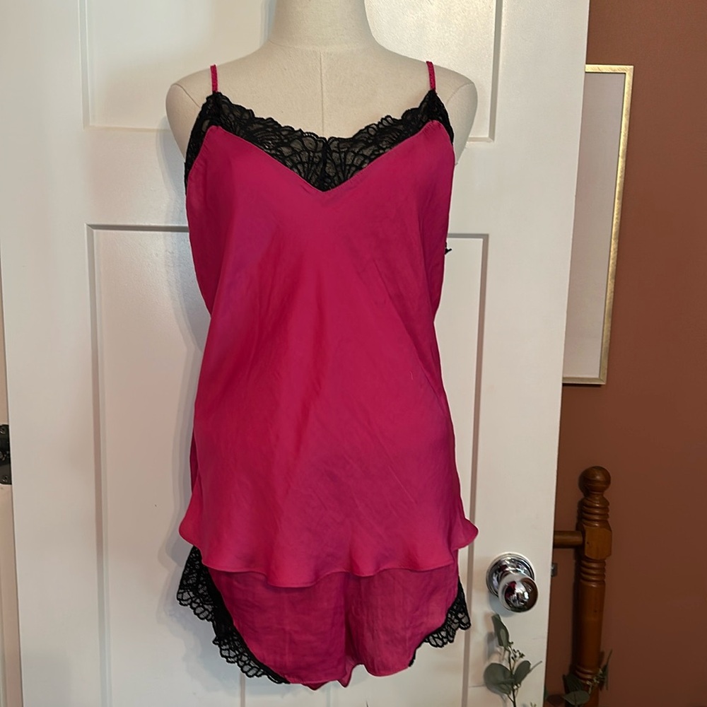 Josie NATORI 2-piece cami shorts hot pink & black lace L polyester pajamas - Picture 1 of 13